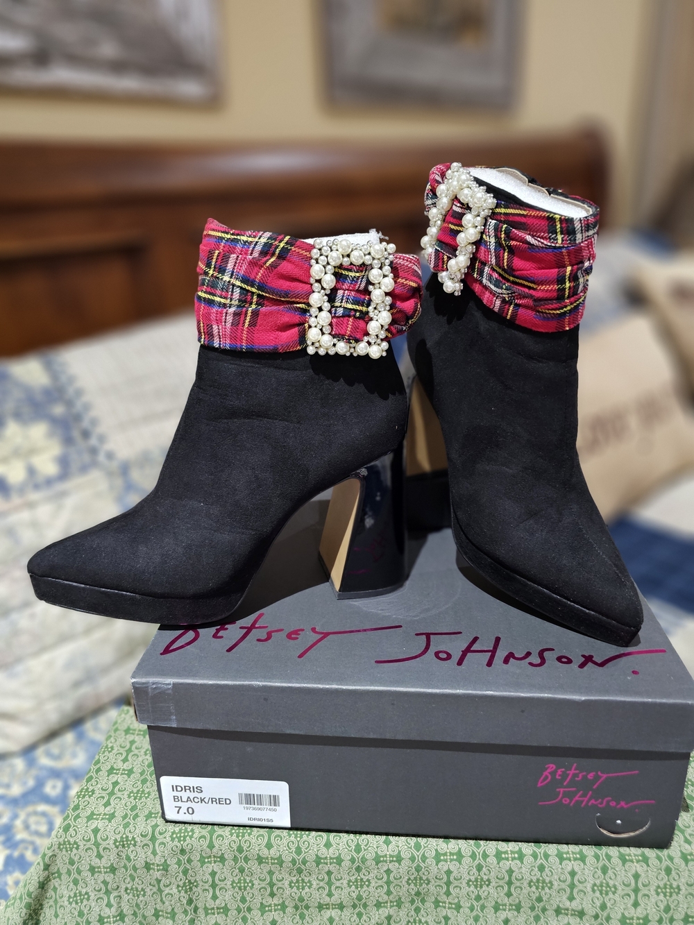 Betsey Johnson Black Suede Ankle Boots with Red Plaid Pearl Buckle
